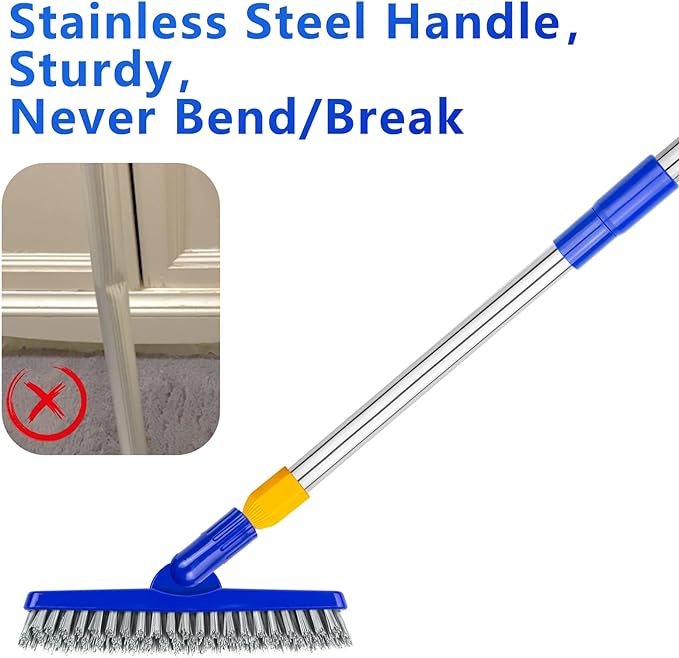 12" Wide Floor Scrub and Grout Brush Set With Long Extendable Handle - Stiff Bristle Heavy Duty Cleaner for Tile, Deck, Garage, Kitchen, Bathroom