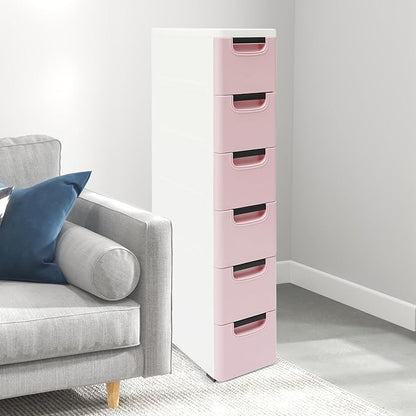 6 Drawers Narrow Slim Plastic Storage Cabinet,Storage Drawer with Wheels,6 Tier Drawers Dresser,Rolling Narrow Cabinet for Small Spaces Bathroom Kitchen Living Room,Pink