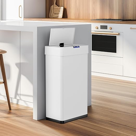 Sensor Trash Can, Touchless Motion Sensor Trash Bin, Smart Automatic Garbage Can with Soft-Close Lid, Bag Retainer Ring and Display Light,for Kitchen,Living Room Office (White, 13.2 Gal)