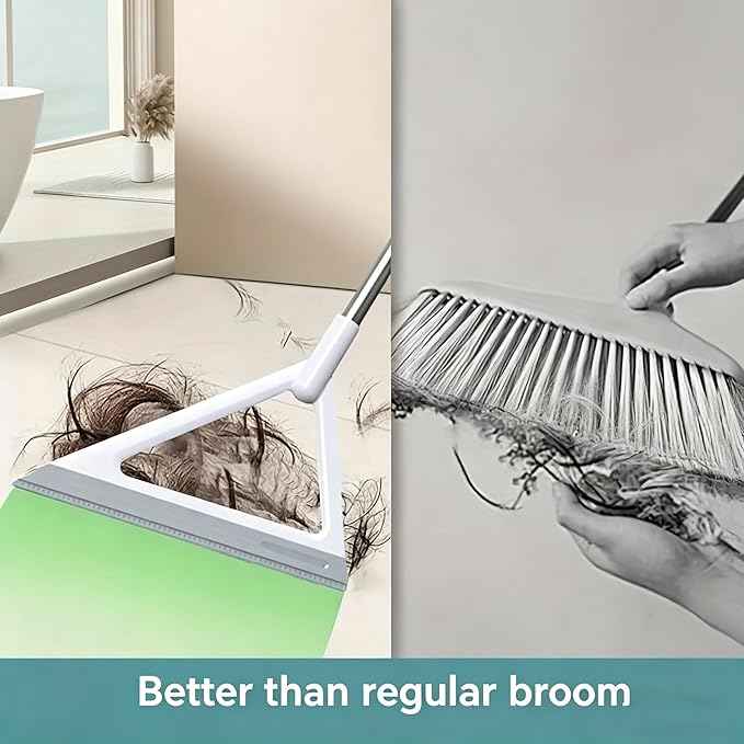 Magic Broom with Squeegee, Silicone Rubber Floor Sweeper for Pet Hair, 2-in-1 Wet Dry Cleaning Broom, Streak-Free Window Glass Cleaner, Adjustable Handle for Kitchen, Bathroom, Hardwood Floors