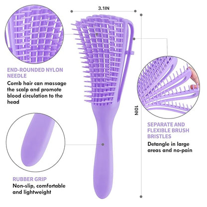 4pcs Curly Detangling Brush Set for Adult & Kids Wet or Dry, 3/4ABC Hair with Wide Tooth Comb (4, Purple)