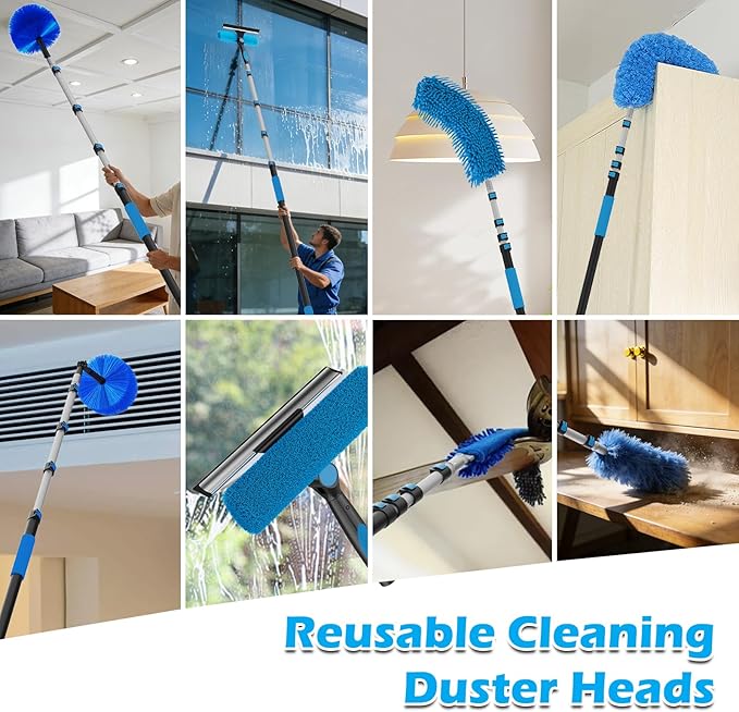 25FT Reach High Ceiling Duster Kits with 5-20FT Adjustable Pole - Includes Extra Long Duster, High Ceiling Duster, Rotatable Window Squeegee & Cobweb Duster for Ceiling Fans and Whole House Cleaning