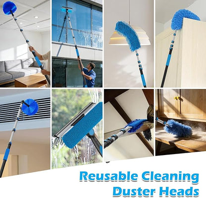 25FT Reach High Ceiling Duster Kits with 5-20FT Adjustable Pole - Includes Extra Long Duster, High Ceiling Duster, Rotatable Window Squeegee & Cobweb Duster for Ceiling Fans and Whole House Cleaning