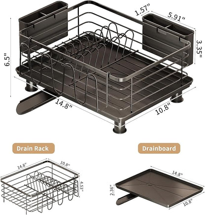 PureBox Dish Drying Rack with 2 Utensil Holders, Rustproof Metal Kitchen Counter Organizer with Cup Holder & Drain Board, Large Capacity Dish Rack for Sink, Black