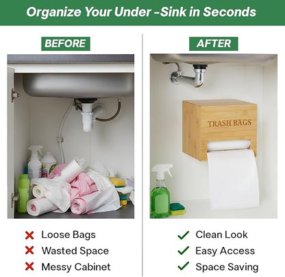Trash bag holder dispenser | Bamboo garbage bag holder dispenser for Under Sink Storage | Wall Mount trash bag holder | Portable Hanging Organizer for Kitchen & Utility Use