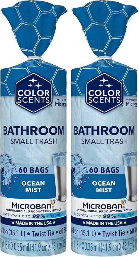 Color Scents Small Trash Bags - 4 Gallon, 60 Bags(60 Count), Twist Tie - Light Blue Bag in Ocean Mist Scent with Microban (Pack of 2)