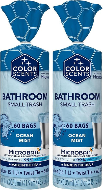 Color Scents Small Trash Bags - 4 Gallon, 60 Bags(60 Count), Twist Tie - Light Blue Bag in Ocean Mist Scent with Microban (Pack of 2)