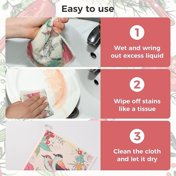 wlich 10PCS Swedish Dishcloths for Kitchen, Reusable Dish Rags for Washing Dishes with Clips, Non-Scratch Kitchen Towels and Dishcloths Sets, Washable Swedish Dish Cloths, No Odor(Birds Flowers)