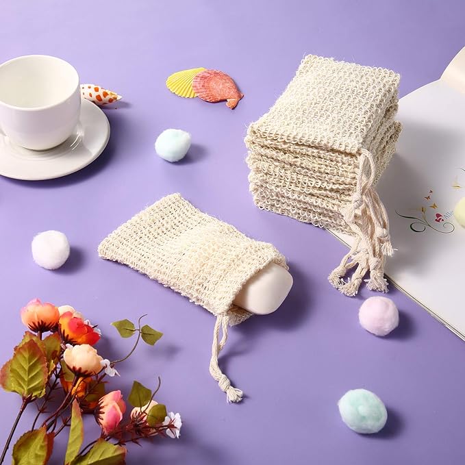 40 Pack Soap Exfoliating Bag Pouch Soaps Saver Natural Ramie Soaps Bag Hand Made Mesh Soap Bags with Drawstring for Bath & Shower Use