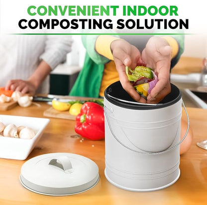 Plexon Kitchen Compost Bin with Lid, 1.3 Gallon Metal Countertop Compost Bucket Pail, Indoor Composter - White