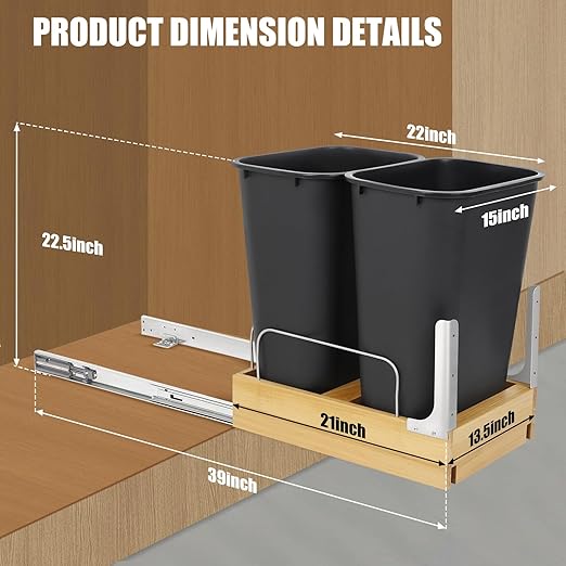 Double Pull Out Trash Can Under Cabinet, Extra Large Dual 48 Qt Bins with Wood Frame, Min Opening Width of 15.5" - Pull Out Garbage Can for Kitchen Cabinet with Soft-Close Slide Out Trash Can Cabinet