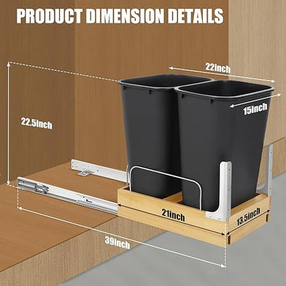 Double Pull Out Trash Can Under Cabinet, Extra Large Dual 48 Qt Bins with Wood Frame, Min Opening Width of 15.5" - Pull Out Garbage Can for Kitchen Cabinet with Soft-Close Slide Out Trash Can Cabinet