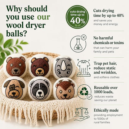 Wool Dryer Balls & Essential Oils for Laundry Bundle – 6 XL Animal Reusable Dryer Balls with 6 Pack Essential Oils for Dryer Balls, Diffusers & Natural Fabric Softening