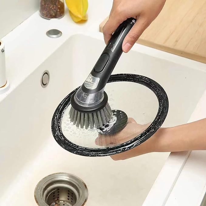 Soap Dispensing Dish Brush with Long Handle, Kitchen Scrub Brush for Pots, Pans, Sink and Dishes, Round, 9.25in, Plastic and Nylon Bristles (Gray)