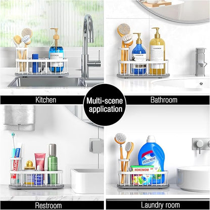 Sponge Holder for Kitchen Sink with High Brush Holder, [Stay-Dry Anywhere & No Drainage Needed] Rustproof Stainless Steel Kitchen Sink Caddy Organizer with Water Absorbing Stone Tray, White