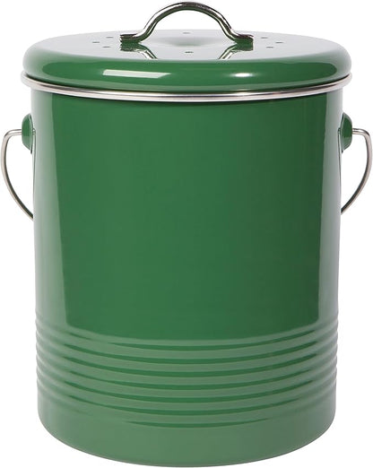 Now Designs Compost Bin Green Powder Coated Steel with Charcoal Filter, 8.5 inches high,1.25 Gallon