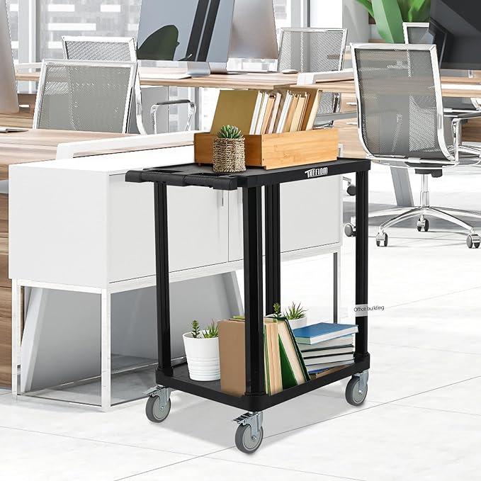 TUFFIOM 3-Tier Plastic Service Utility Cart, Rolling Flat Cart with Wheels, Large Capacity, Multi-function Handle Storage and Mute Flexible Wheels with Braker, Great for Office Warehouse Garage, Black