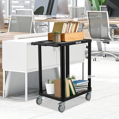 TUFFIOM 3-Tier Plastic Service Utility Cart, Rolling Flat Cart with Wheels, Large Capacity, Multi-function Handle Storage and Mute Flexible Wheels with Braker, Great for Office Warehouse Garage, Black