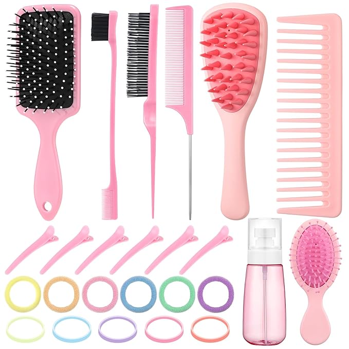 ProSuites 76 Pcs Pink Hair Brush Set for Baby Girls - Scalp Scrubber with Handle, Detangle Hair Brush, Spray Bottle, Slick Back Brush Set Wide Tooth Mini Wet Brushes for Travel Home Use