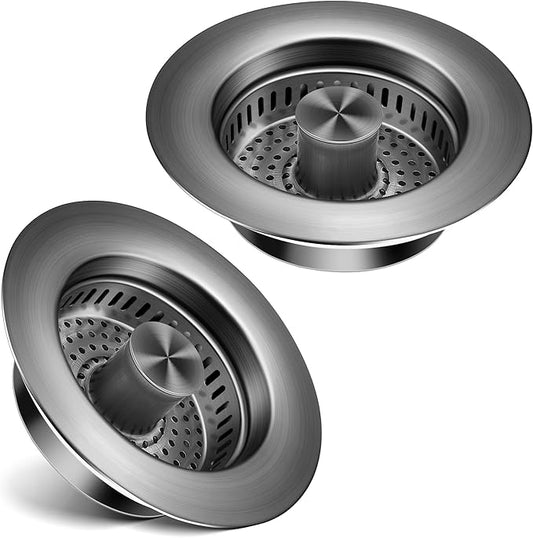 Kitchen Sink Drain Strainer 2 Pack, 304 Stainless Steel Pop Up Sink Stopper, Anti-Clogging Sink Drain Strainer for US Standard Kitchen Drain (Gunmetal Gray)