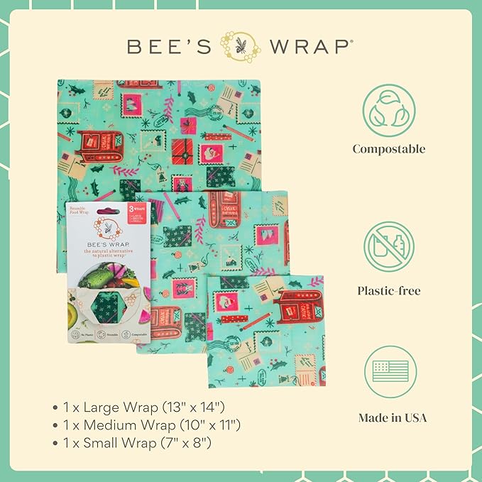 Bee's Wrap Beeswax Wraps for Food - 3 Pack of Assorted Beeswax Wraps - Small, Medium & Large Wrap - Plastic Free Made in USA Reusable Natural Food Wrap - Season's Greetings Print