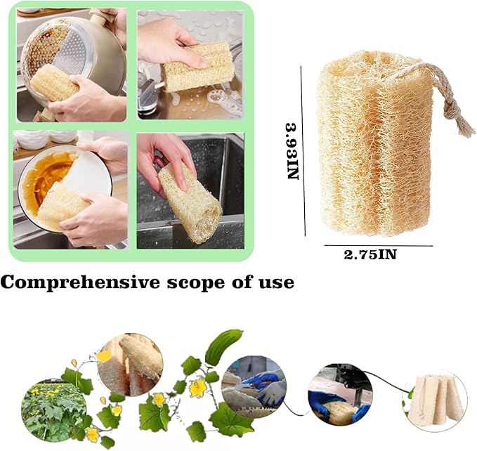 3-Pack Natural Dish Sponge Natural Loofah Sponges – Handheld Kitchen Dish Scrubber for Grease Removal, Plastic-Free Cleaning Tool