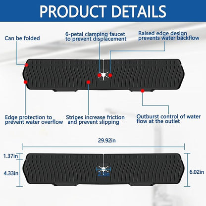 Kitchen Sink Splash Guard Gen2-30" x 6'' Silicone Sink Mat Splash Guard fit for Countertop, Bathroom,Farmhouse,RV by EBIGIC (Black)