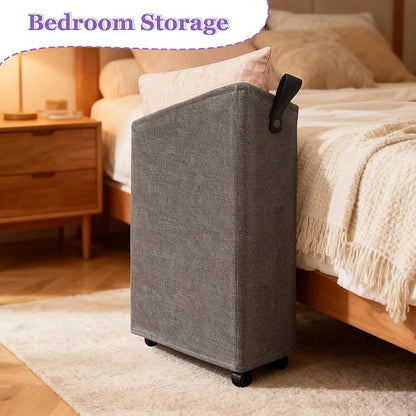 Slim Rolling Laundry Basket with Wheels, 42L Narrow Laundry Hamper with Mesh Drawstring Cover & Handles, Collapsible Dirty Clothes Bin for Small Spaces, Dorm, Apartment, Bathroom, Dark Grey