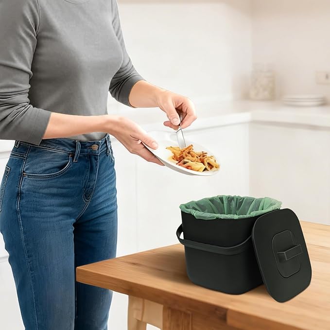 7-Liter Compost Bin Kitchen Countertop Trash Can with Lid - Odorless Compost Bin Outdoor with Filters(Dark Gray)