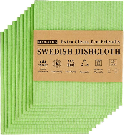 Swedish Dishcloths for Kitchen 10 Pack, Green Cellulose Sponge Cloths of Reusable Dish Cloths for Cleaning,Super Absorbent Dish Towels for Washing Dishes