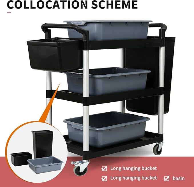3-Tier Utility Rolling Cart with Wheels, Durable Catering carts with Wheels, Rolling Storage Cart for Hotel Canteen Resturant Office (Black, 31.4" D x 16.5" W x 37.7" H)