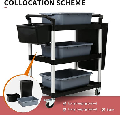 3-Tier Utility Rolling Cart with Wheels, Durable Catering carts with Wheels, Rolling Storage Cart for Hotel Canteen Resturant Office (Black, 31.4" D x 16.5" W x 37.7" H)