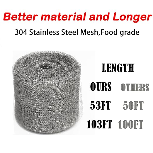 Wire Mesh for Mice Control 5 in X 53Ft,Upgraded Steel Wool Mice Control and Copper Mesh,Hole Fill Mesh Fabric,Weep Holes Covers,Stainless Steel Wire Mesh Roll Not Rusty, Rodent Tape Mesh Barrier