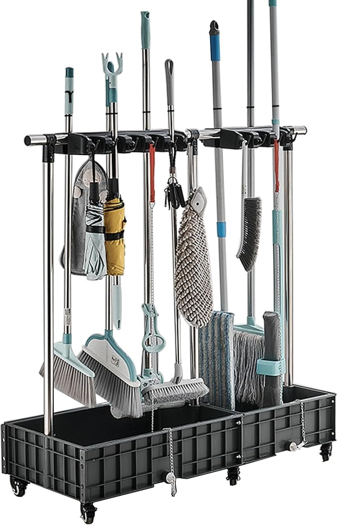 Mop and Broom Holder Cleaning Supplies Mop Bucket Garden Tool Organizer Cleaning Carts on Wheels Freestanding Broom Closet Storage Cabinet Mop Sink for Ho(One Color-16 Slots 20 Hooks