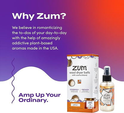 Zum Wool Dryer Balls Kit Plus Zum Mist - 3 Wool Balls with Essential Oil Blend & Room & Body Mist - Amber
