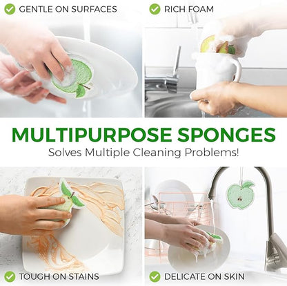 AIRNEX Biodegradable Cellulose Compressed Sponges Bulk - Fruit Shaped Kitchen Pack of 8 - Eco Friendly, Odor Free, Natural, Pop Up Compostable Scrubbers for Washing Dishes