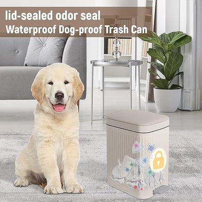 rejomiik Small Bathroom Trash Can with Lid 1.9 Gallon Step Trash Can Slim Garbage Can with Soft-Close Waste Bin for Bathroom, Bedroom, Office, Dorm, RV, Off-White
