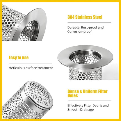 304 Stainless Steel Shower Drain Hair Catcher, Bathtub & Bathroom Sink Drain Strainer, Deep Basket Cover, XL Water Flow Anti-Clog for Pet Hair, Universal Tub Drain Filter Stopper