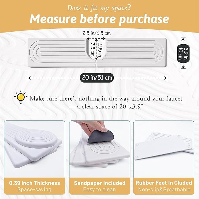 U Shape Sink Draining Mat Behind Faucet, Super Absorbent Diatomite Fast Drying Stone, Quick Drying Splash Guard, Prevents Moisture Buildup, Around Faucet Drip Mat for Kitchen Bathroom Counter, White