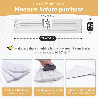 U Shape Sink Draining Mat Behind Faucet, Super Absorbent Diatomite Fast Drying Stone, Quick Drying Splash Guard, Prevents Moisture Buildup, Around Faucet Drip Mat for Kitchen Bathroom Counter, White