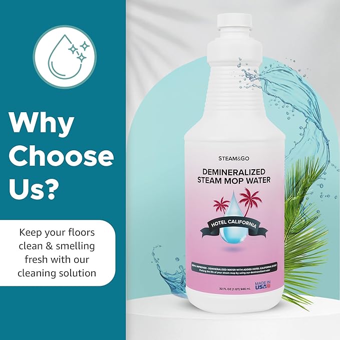 Steam & Go Demineralized Water - Multi-Surface Cleaner for Steam Cleaners, Hardwood Floors, Kitchens, & Bathrooms - Germ-Killing Formula - Hotel California Scent - 32 Ounces (Pack of 12)