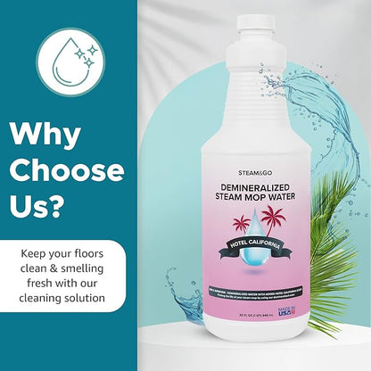 Steam & Go Demineralized Water - Multi-Surface Cleaner for Steam Cleaners, Hardwood Floors, Kitchens, & Bathrooms - Germ-Killing Formula - Hotel California Scent - 32 Ounces (Pack of 18)