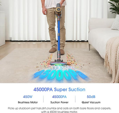 UNINELL HOME Cordless Vacuum Cleaner, 45,000Pa/450W Stick Vacuum Cleaners for Home, 60 Mins Runtime, Self-Standing, Detachable Battery, Anti-Tangle Brush, Lightweight Wireless Vacuum for Pet Hair
