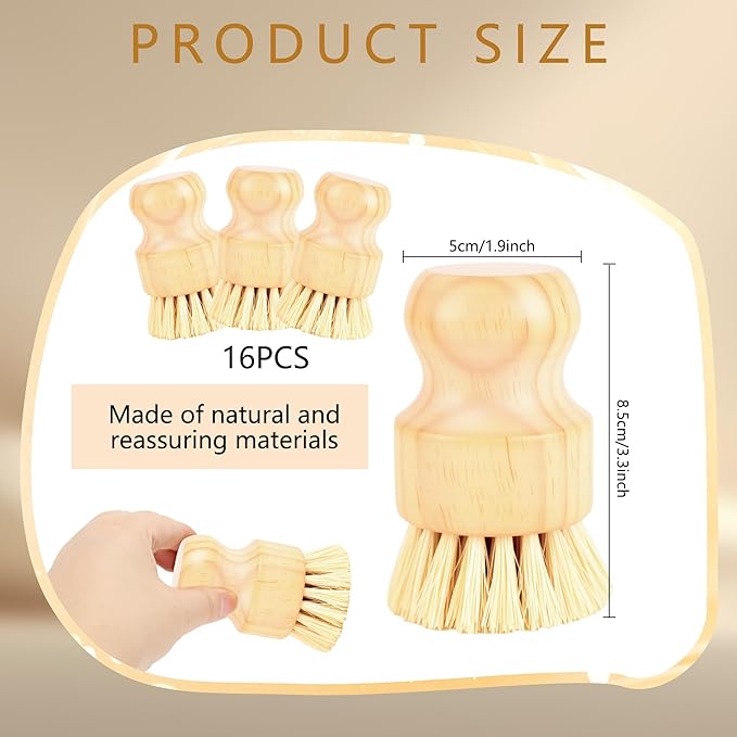 16 Pack Bamboo Dish Scrub Brushes Set Kitchen Pot Pans Cleaning Brushes Scrubber Sisal Bristles Wooden Brushes for Iron Pot Dishwashing Sink Vegetables