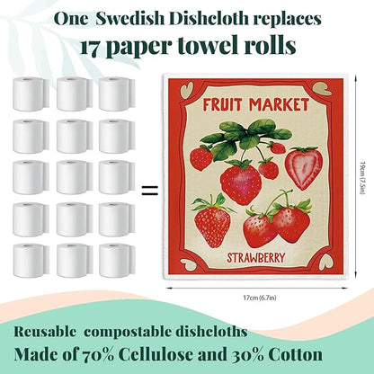 Swedish Dishcloths for Kitchen, Pink Strawberries Peach Orange Lemon Swedish DishCloths for Summer Friut Market, 4 Pack Dish Towels for Kitchen, Papaya Reusable Paper Towels Washable