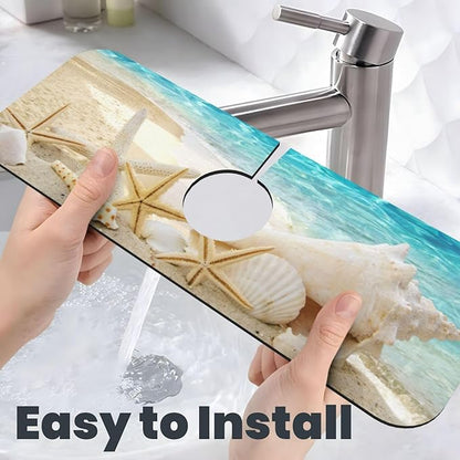 Summer Beach Starfish Sea Shell Blue Sky Sun Kitchen Sink Splash Guard Faucet Mat Super Absorbent Fast Drying Mat Sink Gadgets-Fast Drying Pad Sink Mat For Kitchen Bathroom (15" X 5.5" )
