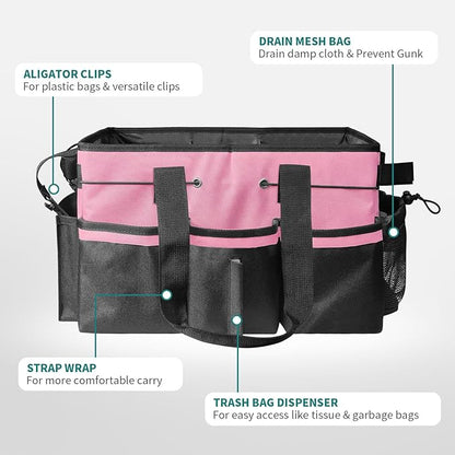 Cleaning Bags for Housekeepers, Large Cleaning Supplies Organizer with Handles & Shoulder Strap, Cleaning Caddy Bag with Foldable Divider for Cleaners, Car Horse Cleaning Bag(Pink)