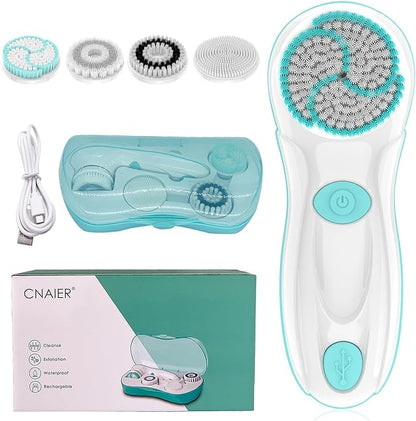 Facial Cleansing Brush, Electric Face Scrubber with 4 Cleanser Heads and 2 Speeds Adjustable for Deep Cleaning, Portable Rechargeable and Waterproof Face Wash Brush for Women & Men (Green)