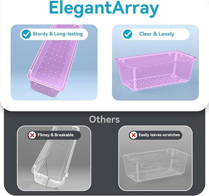 ElegantArray 12-Piece Drawer Organizer Set, 4 Sizes Versatile Plastic Vanity Organizer for Makeup, Stationery, Gadgets, in Kitchen, Bathroom, Office, and Bedroom, Purple