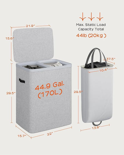 CASAMAYA Laundry Basket with Lid, Laundry Hamper 2 Section, 170L collapsible Laundry Organizer, Easy Assembly, with Handles and Removable Liners, 22 x 15.7 x 29.5 Inches, Gray JSP903G